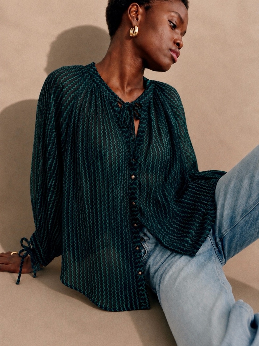 Anthropologie Emerald and Black Zigzag Peasant Blouse